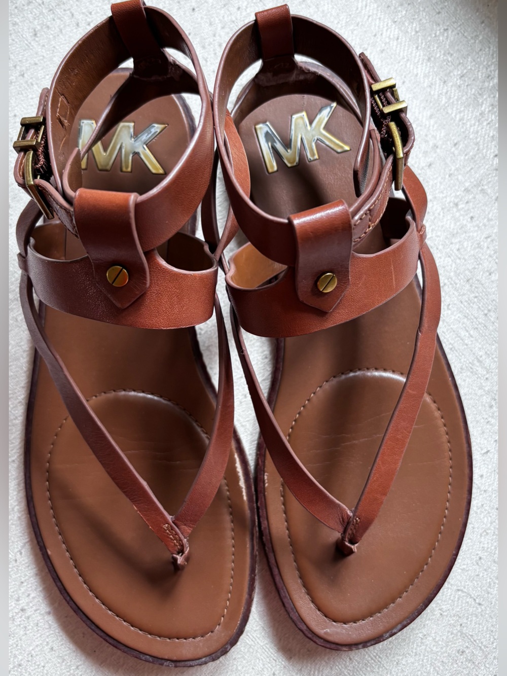 Michael Kors Women's Brown Leather T-strap Sandals Gladiator Look